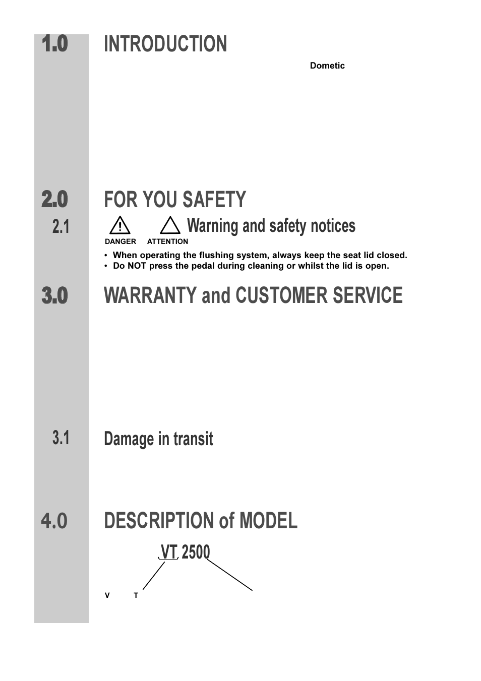 Introduction, For you safety, Warranty and customer service | Description of model, Warning and safety notices, Damage in transit | Dometic VT 2500 User Manual | Page 4 / 16