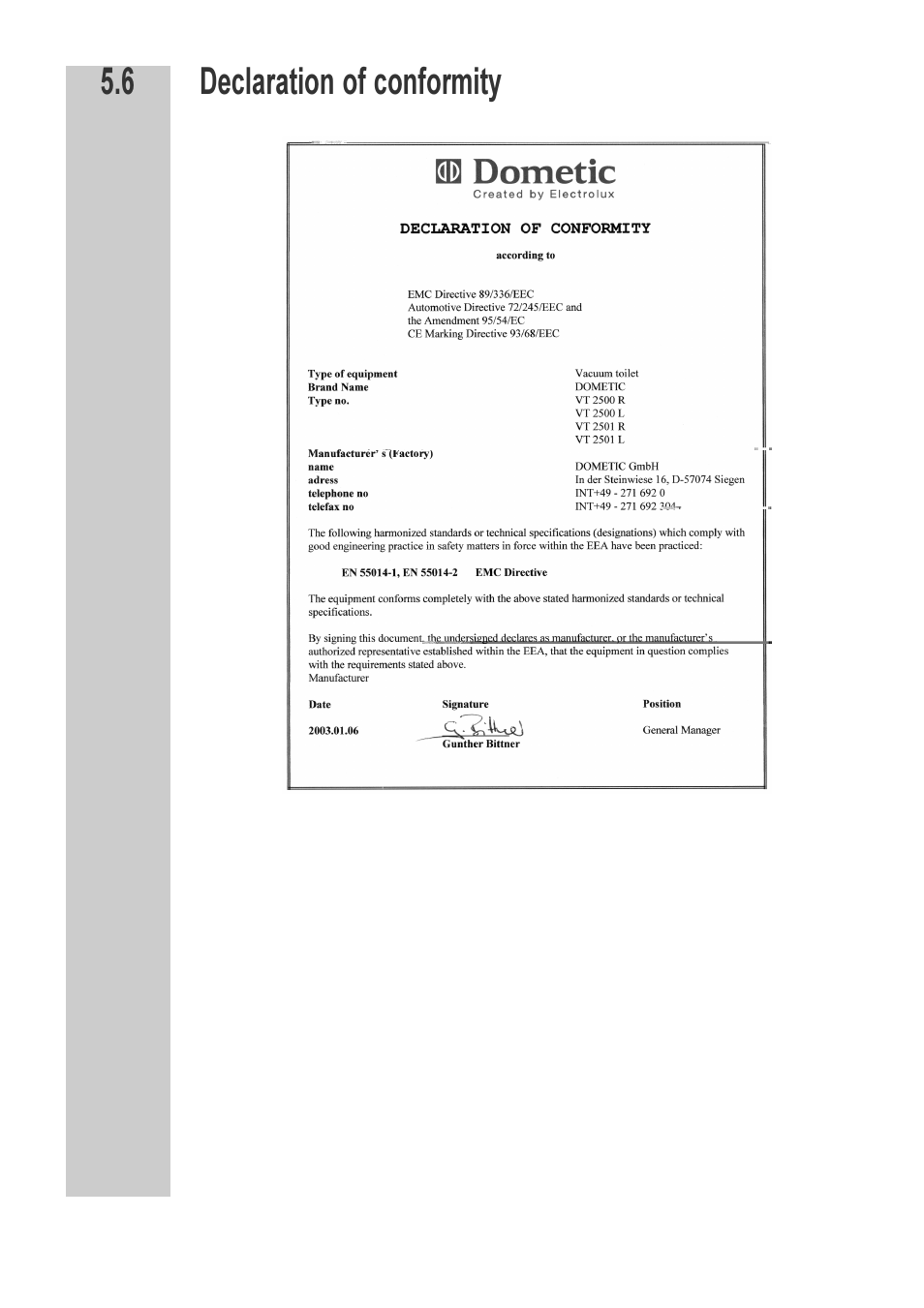 Declaration of conformity 5.6 | Dometic VT 2500 User Manual | Page 8 / 16