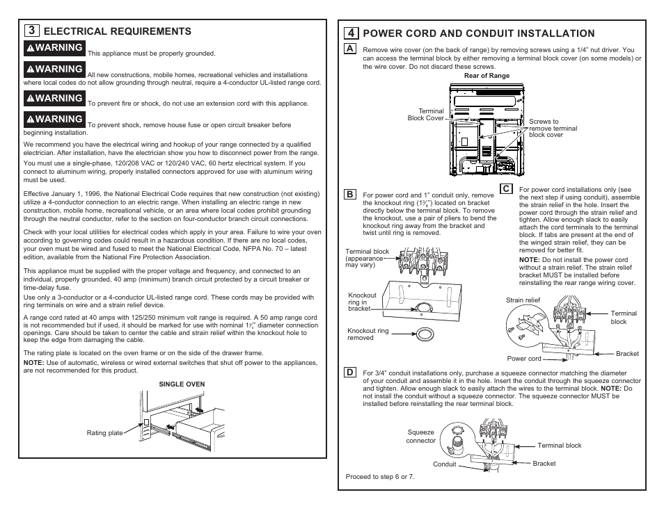 Electrical requirements, Power cord and conduit installation, Warning | Hotpoint 30 Inch Freestanding Electric Range Installation Guide User Manual | Page 2 / 8