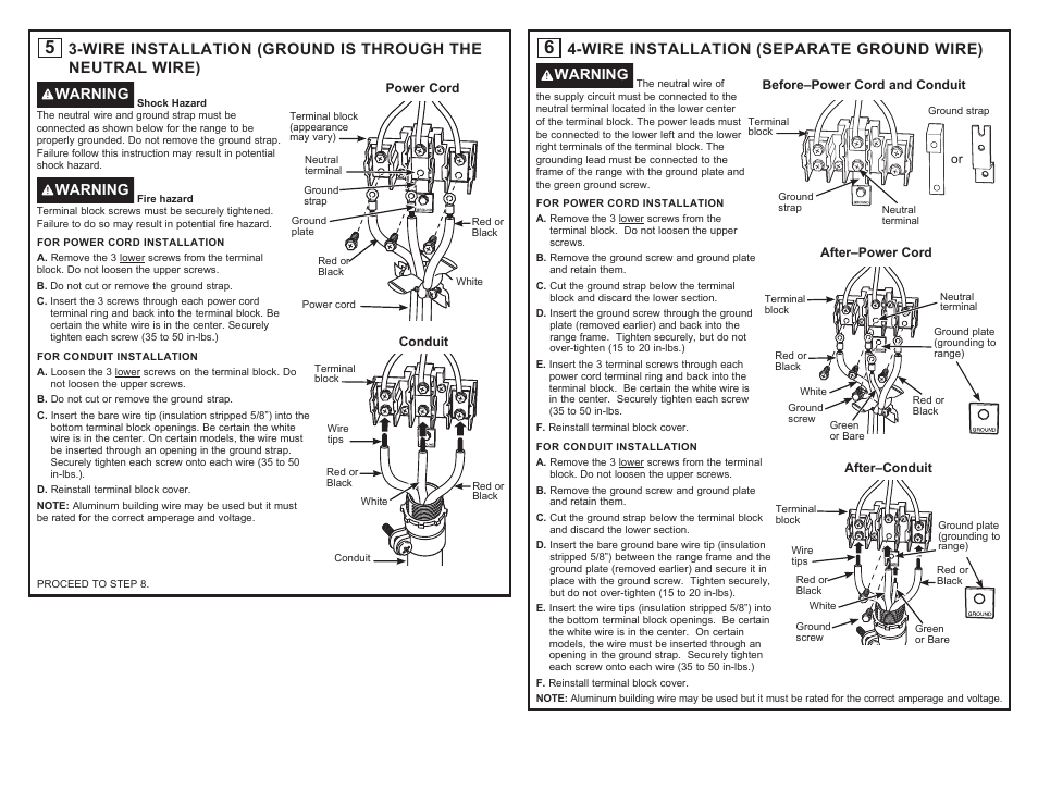 Wire installation (separate ground wire), Warning | Hotpoint 30 Inch Freestanding Electric Range Installation Guide User Manual | Page 3 / 8