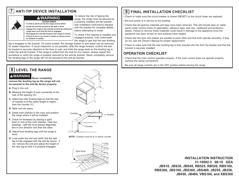 Warning, Anti-tip device installation, Final installation checklist | Operation checklist, Level the range | Hotpoint 30 Inch Freestanding Electric Range Installation Guide User Manual | Page 4 / 8