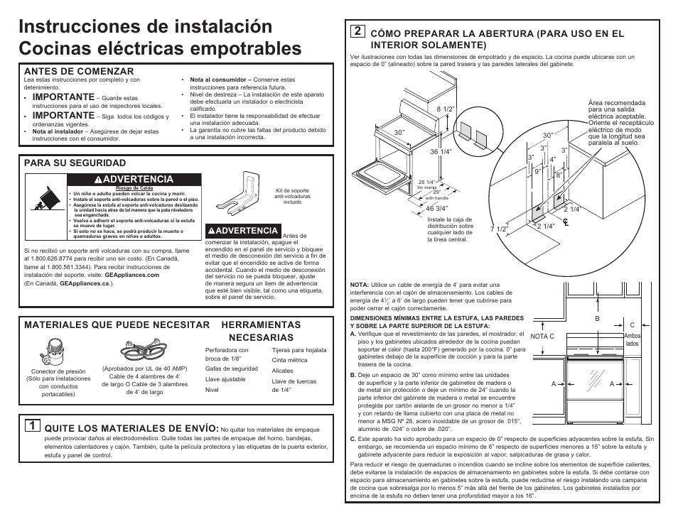 Antes de comenzar, Importante, Quite los materiales de envío | Para su seguridad, Advertencia | Hotpoint 30 Inch Freestanding Electric Range Installation Guide User Manual | Page 5 / 8