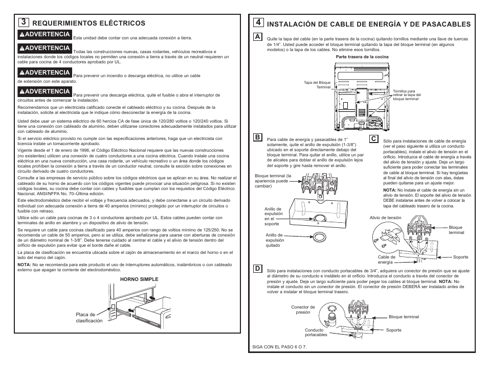 Requerimientos eléctricos, Instalación de cable de energía y de pasacables a | Hotpoint 30 Inch Freestanding Electric Range Installation Guide User Manual | Page 6 / 8