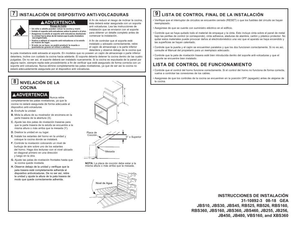 Lista de control de funcionamiento, Instalación de dispositivo anti-volcaduras, Lista de control final de la instalación | Advertencia, Nivelación de la cocina advertencia | Hotpoint 30 Inch Freestanding Electric Range Installation Guide User Manual | Page 8 / 8