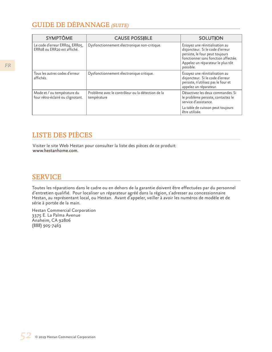 Liste des pièces, Service, 52 liste des pièces 52 service | Liste des pièces service, Guide de dépannage | Hestan 48 Inch Freestanding Dual Fuel Range Use and Care Manual User Manual | Page 108 / 112