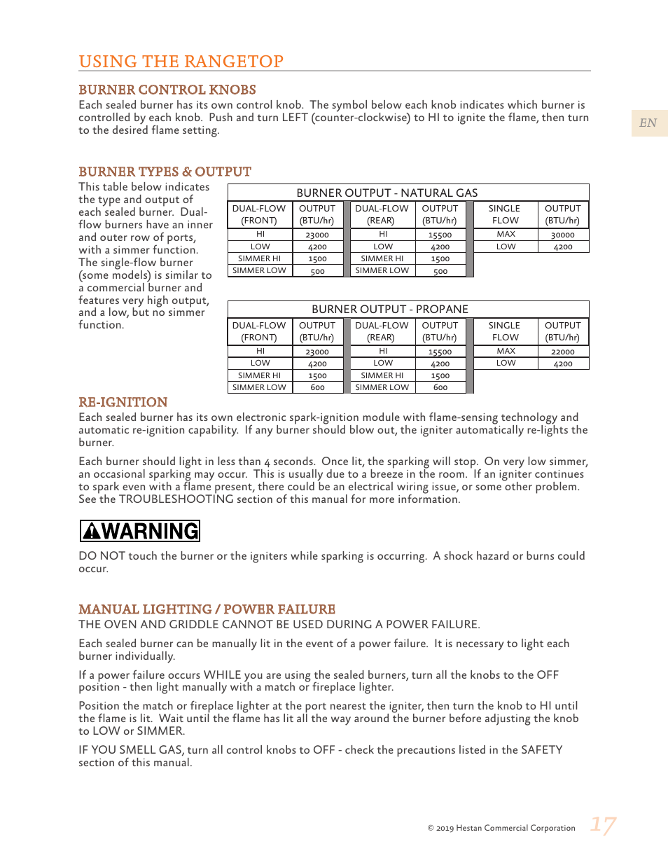 Using the rangetop, 17 using the rangetop, Burner control knobs | Burner types & output, Re-ignition, Manual lighting / power failure | Hestan 48 Inch Freestanding Dual Fuel Range Use and Care Manual User Manual | Page 19 / 112