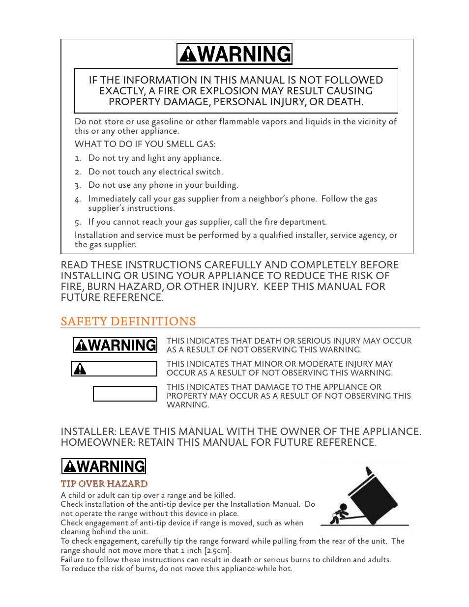 Caution, Notice, Safety definitions | Hestan 48 Inch Freestanding Dual Fuel Range Use and Care Manual User Manual | Page 2 / 112