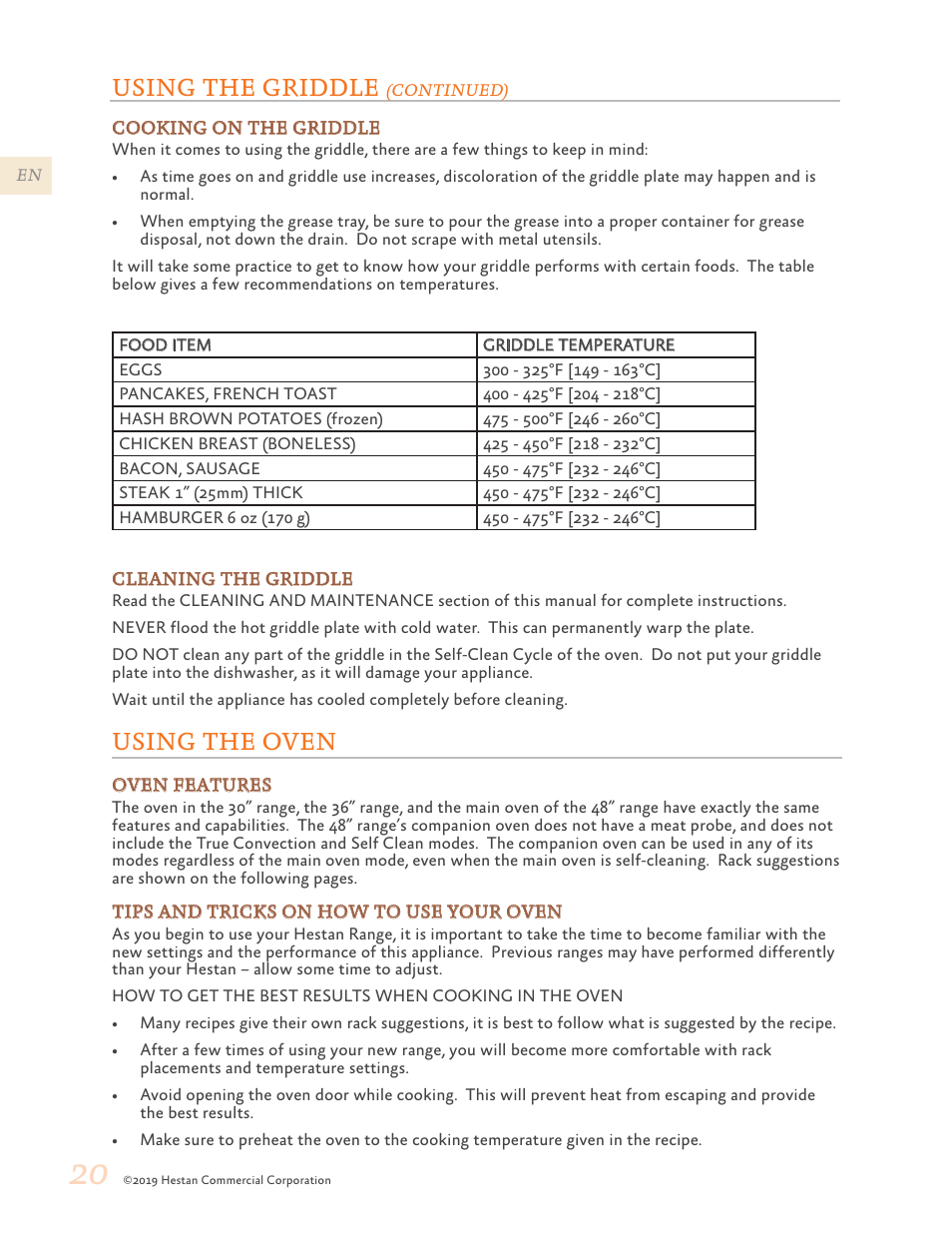 Using the oven, 20 using the oven, Using the griddle | Hestan 48 Inch Freestanding Dual Fuel Range Use and Care Manual User Manual | Page 22 / 112