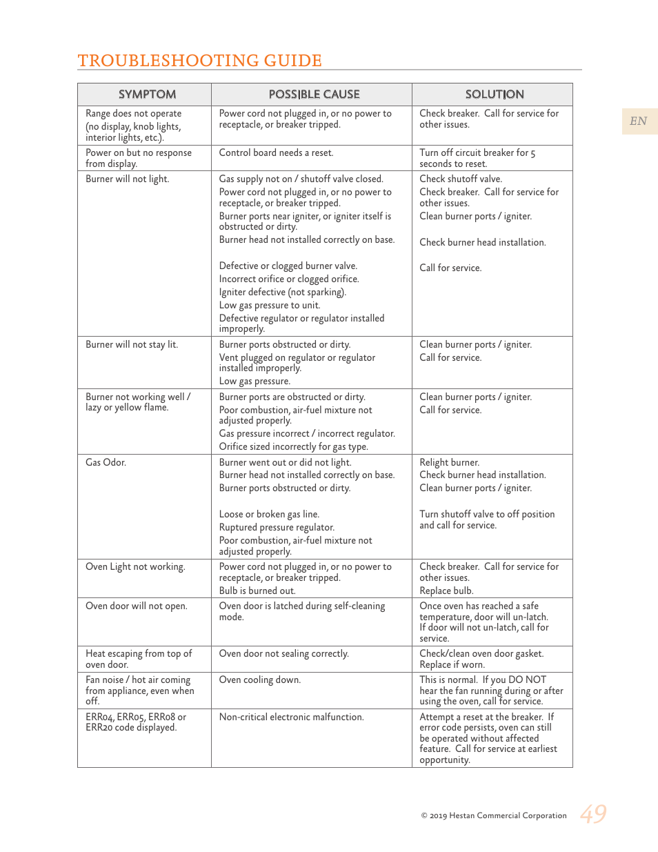 Troubleshooting guide, 49 troubleshooting guide | Hestan 48 Inch Freestanding Dual Fuel Range Use and Care Manual User Manual | Page 51 / 112