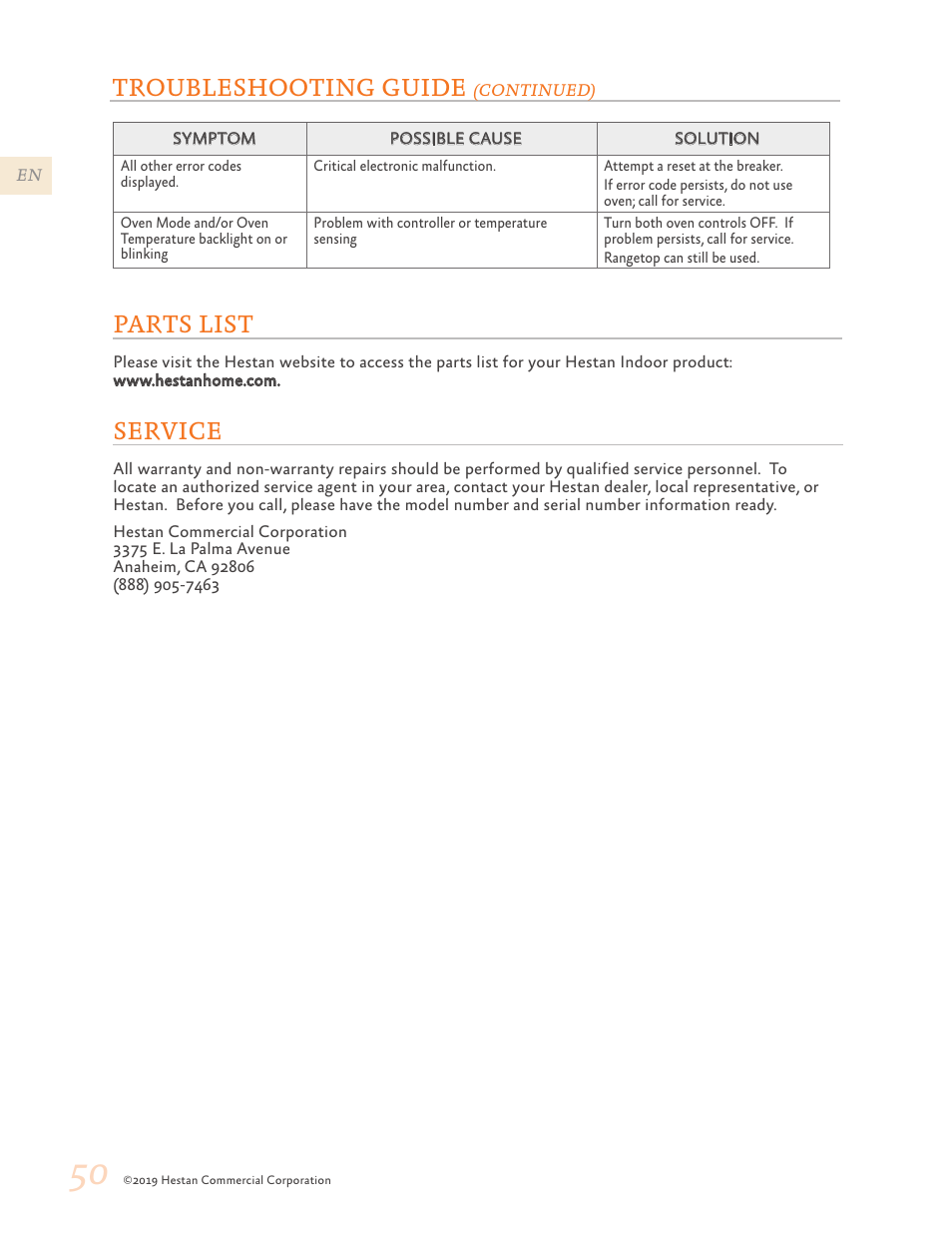 Parts list, Service, 50 parts list 50 service | Troubleshooting guide | Hestan 48 Inch Freestanding Dual Fuel Range Use and Care Manual User Manual | Page 52 / 112