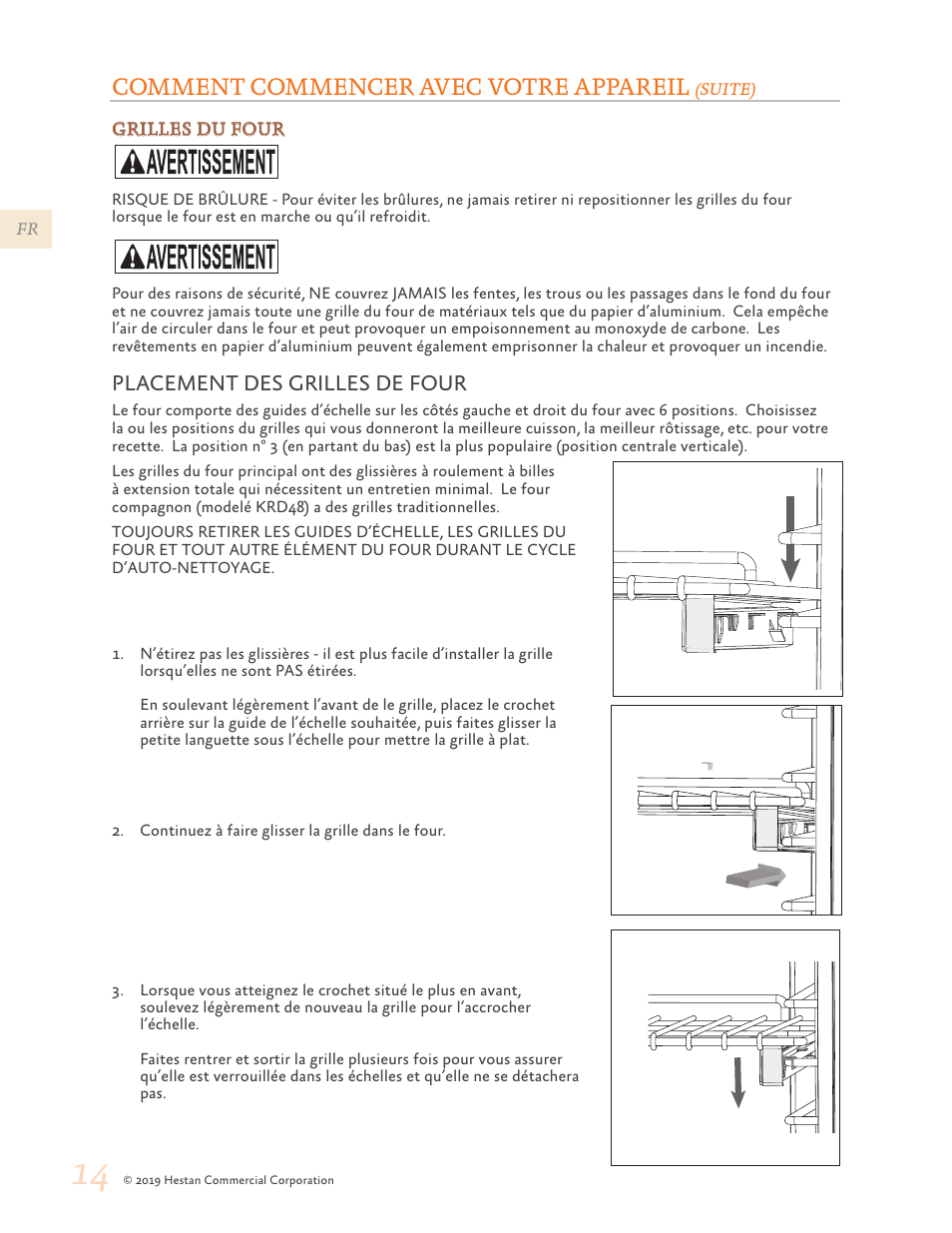 Comment commencer avec votre appareil, Placement des grilles de four | Hestan 48 Inch Freestanding Dual Fuel Range Use and Care Manual User Manual | Page 70 / 112