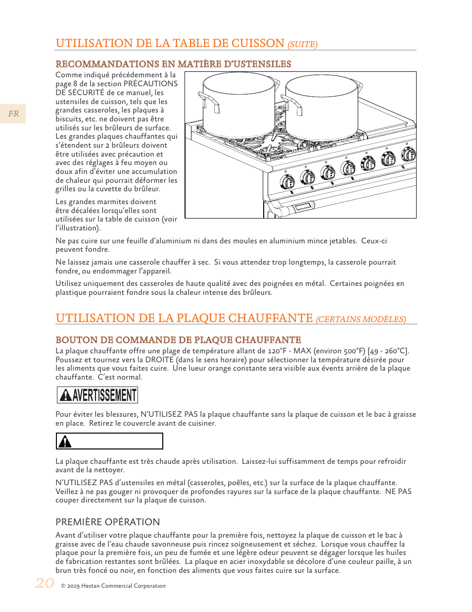 20 utilisation de la plaque chauffante, Certains modèles), Précaution | Utilisation de la table de cuisson, Utilisation de la plaque chauffante | Hestan 48 Inch Freestanding Dual Fuel Range Use and Care Manual User Manual | Page 76 / 112