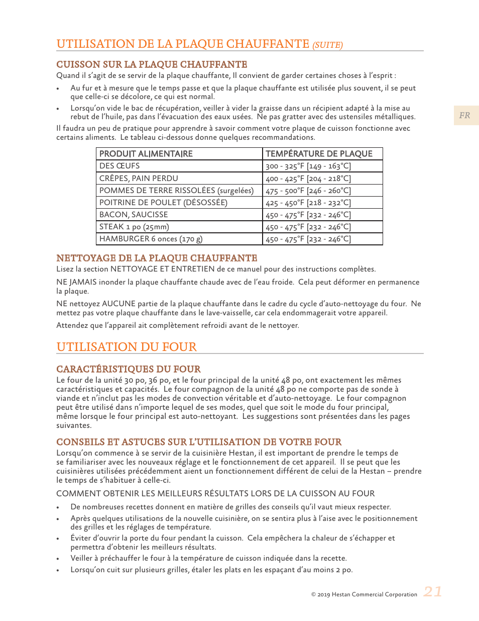 Utilisation du four, 21 utilisation du four, Utilisation de la plaque chauffante | Hestan 48 Inch Freestanding Dual Fuel Range Use and Care Manual User Manual | Page 77 / 112