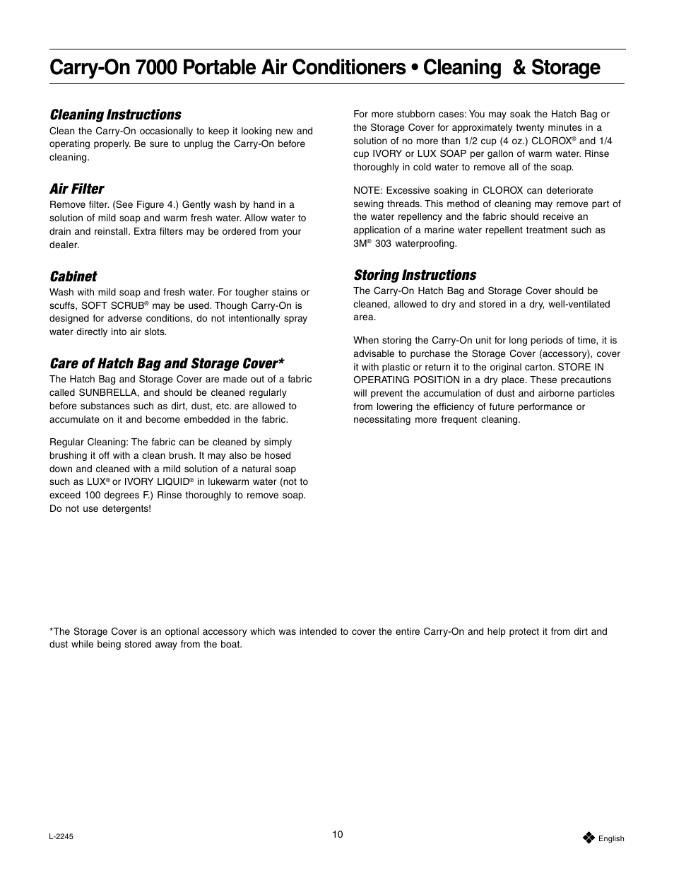 Storing instructions, Cleaning instructions, Air filter | Cabinet, Care of hatch bag and storage cover | Dometic 7000 User Manual | Page 10 / 16