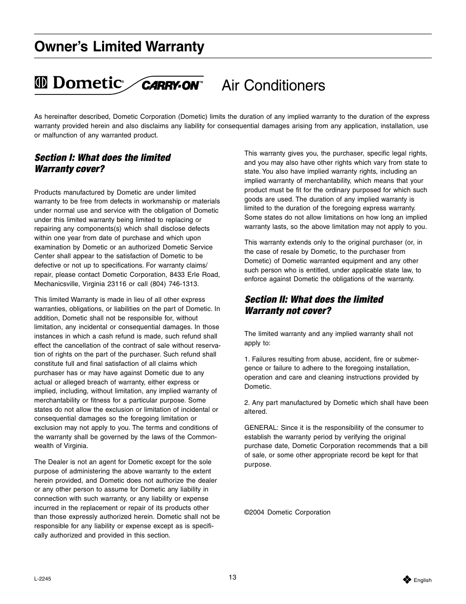 Air conditioners, Owner’s limited warranty | Dometic 7000 User Manual | Page 13 / 16