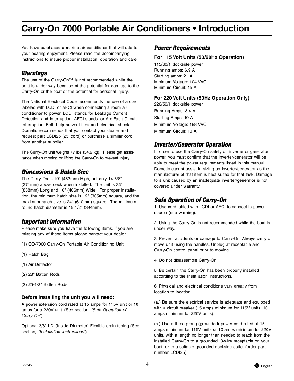 Warnings, Dimensions & hatch size, Important information | Power requirements, Inverter/generator operation, Safe operation of carry-on | Dometic 7000 User Manual | Page 4 / 16