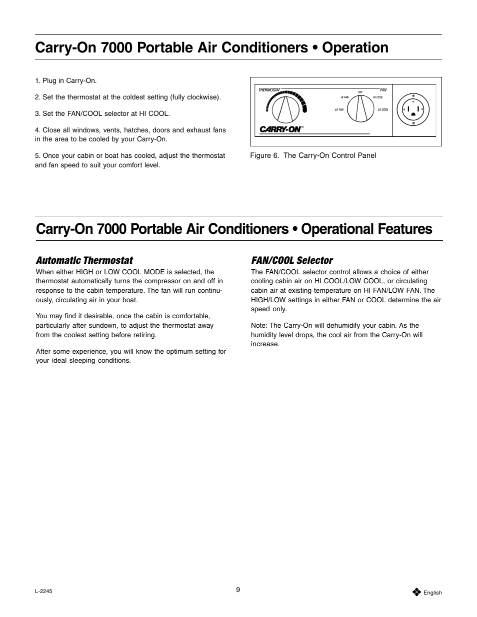 Automatic thermostat, Fan/cool selector | Dometic 7000 User Manual | Page 9 / 16