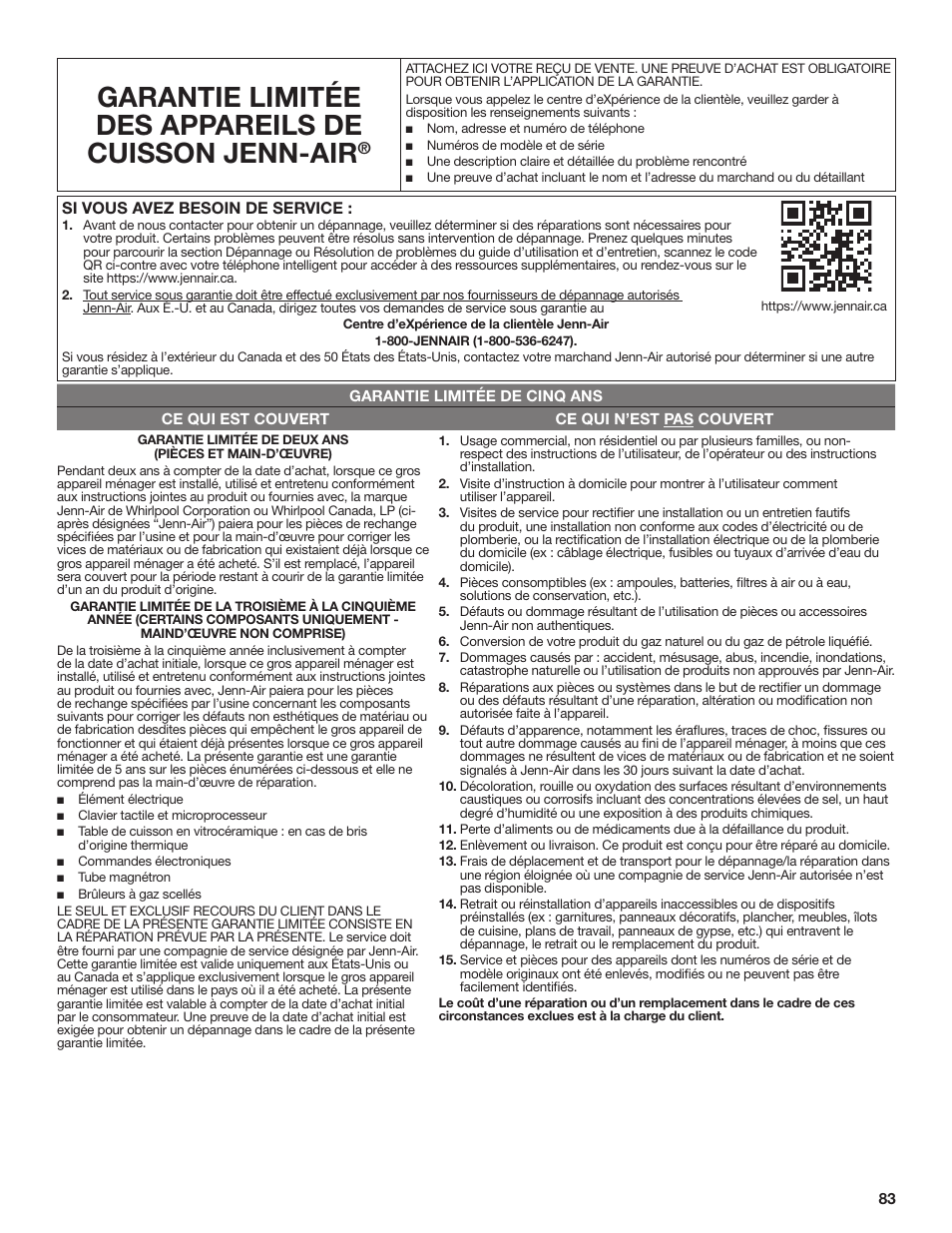 Garantie limitée des appareils de cuisson jenn-air | JennAir Rise 48 Inch Smart Freestanding Gas Range Warranty User Manual | Page 2 / 2