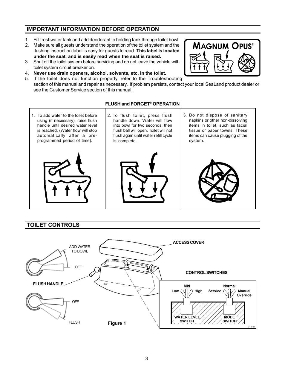 Important information before operation, Toilet controls | Dometic 3000 Series User Manual | Page 3 / 16
