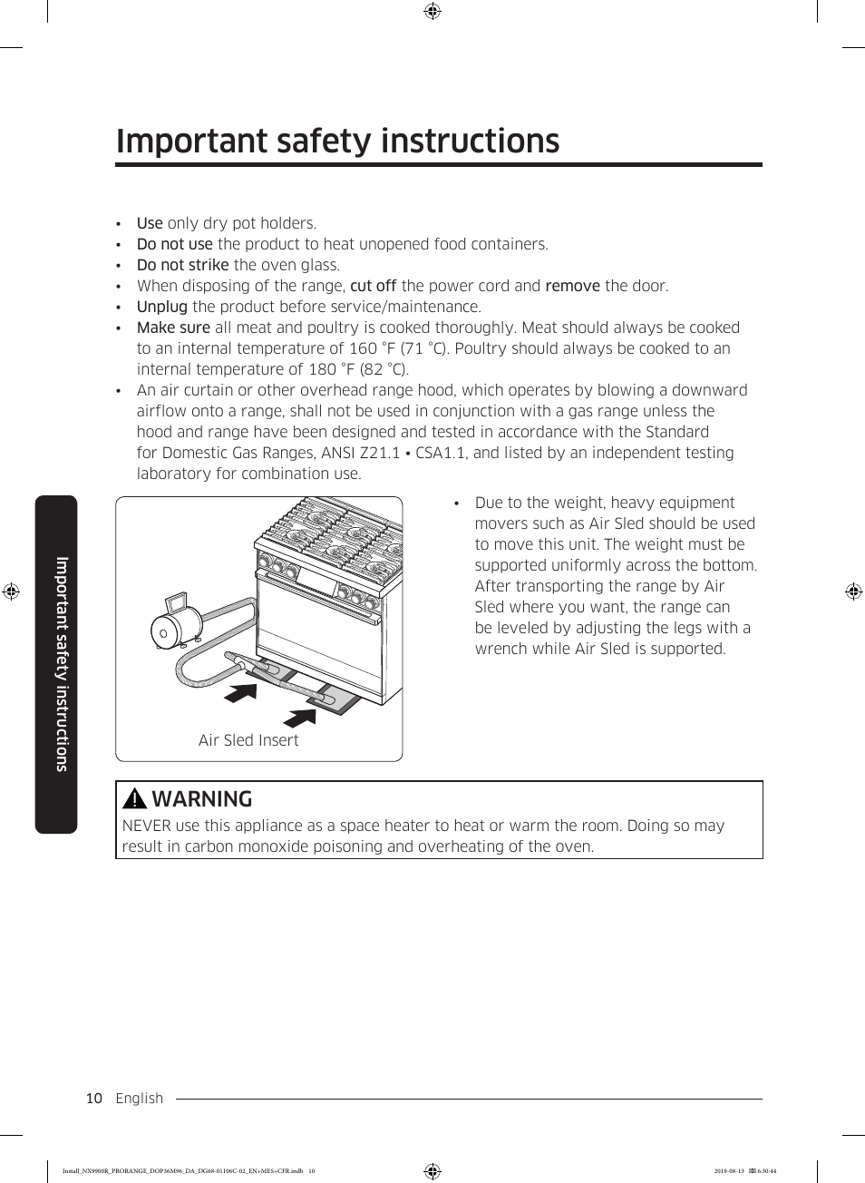 Important safety instructions, Warning | Dacor Contemporary 36 Inch Freestanding Professional Gas Smart Range Installation Manual User Manual | Page 10 / 156