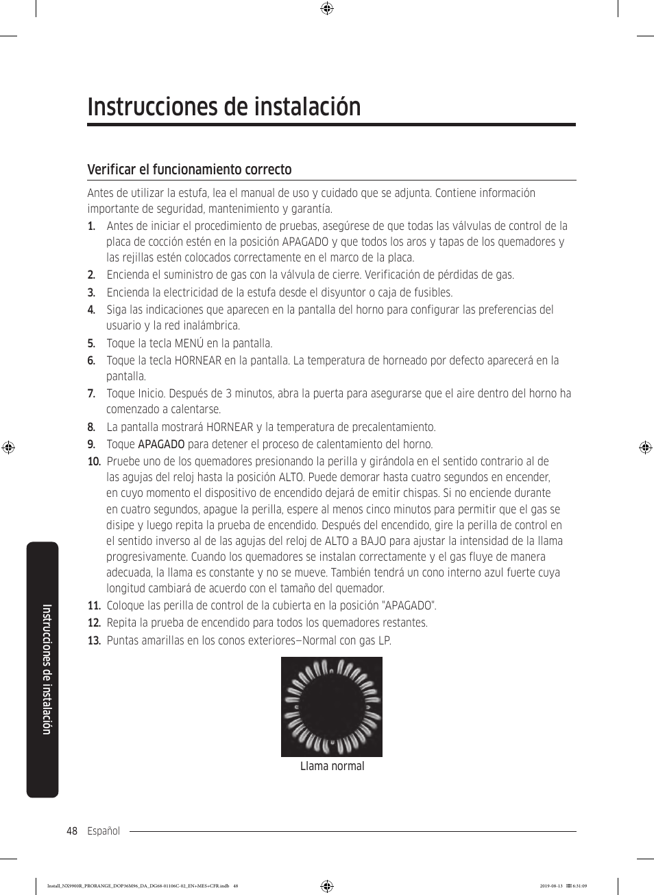 Verificar el funcionamiento correcto, Instrucciones de instalación | Dacor Contemporary 36 Inch Freestanding Professional Gas Smart Range Installation Manual User Manual | Page 100 / 156