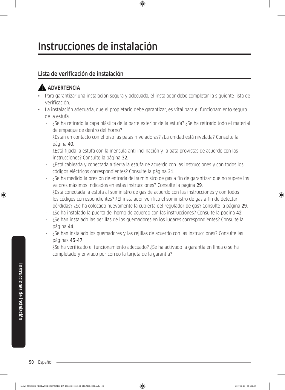 Lista de verificación de instalación, Instrucciones de instalación | Dacor Contemporary 36 Inch Freestanding Professional Gas Smart Range Installation Manual User Manual | Page 102 / 156