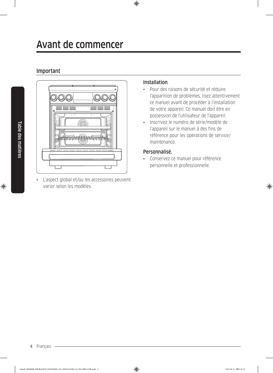 Avant de commencer, Important, Important 4 | Dacor Contemporary 36 Inch Freestanding Professional Gas Smart Range Installation Manual User Manual | Page 108 / 156