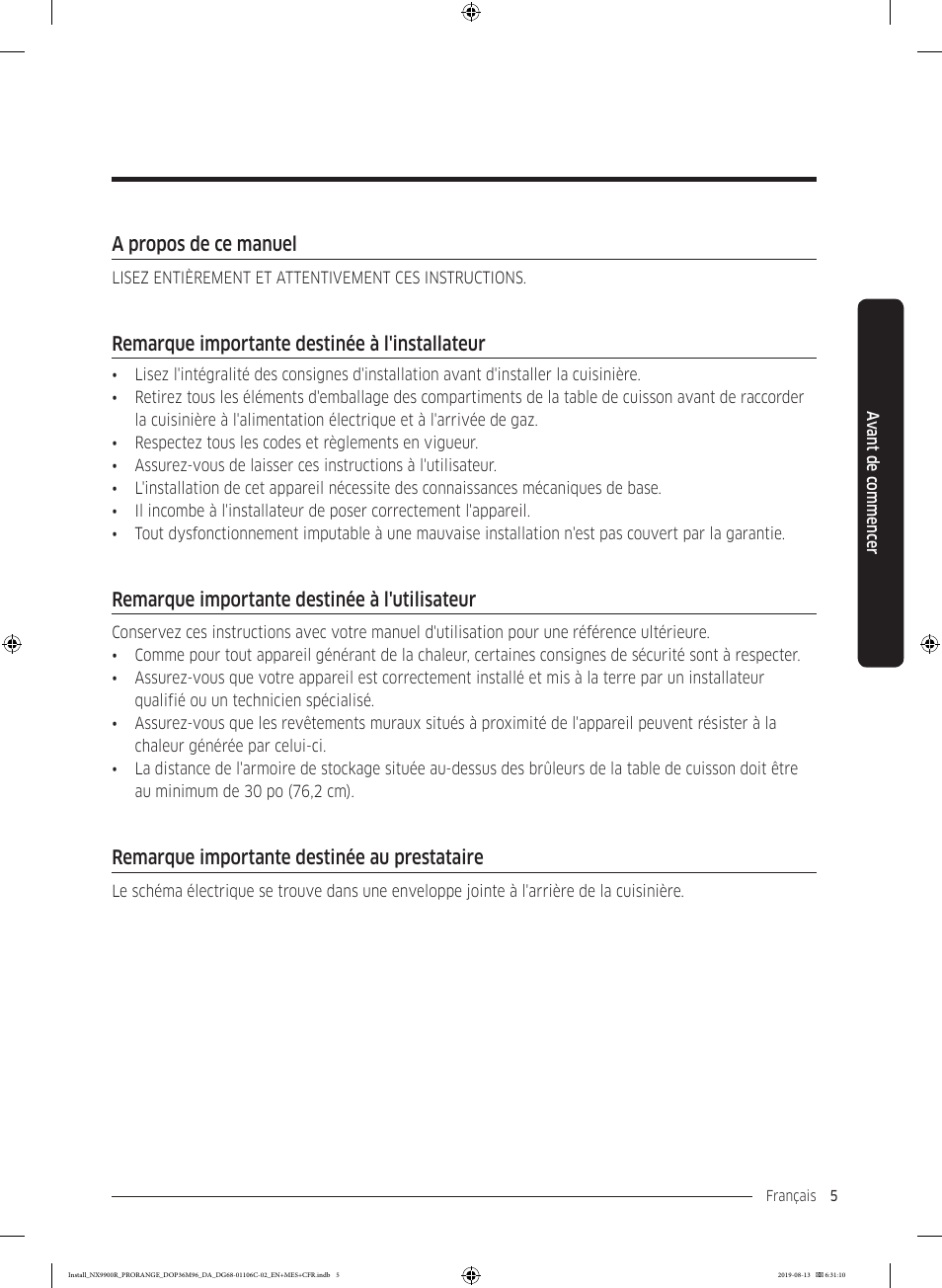 A propos de ce manuel, Remarque importante destinée à l'installateur, Remarque importante destinée à l'utilisateur | Remarque importante destinée au prestataire | Dacor Contemporary 36 Inch Freestanding Professional Gas Smart Range Installation Manual User Manual | Page 109 / 156