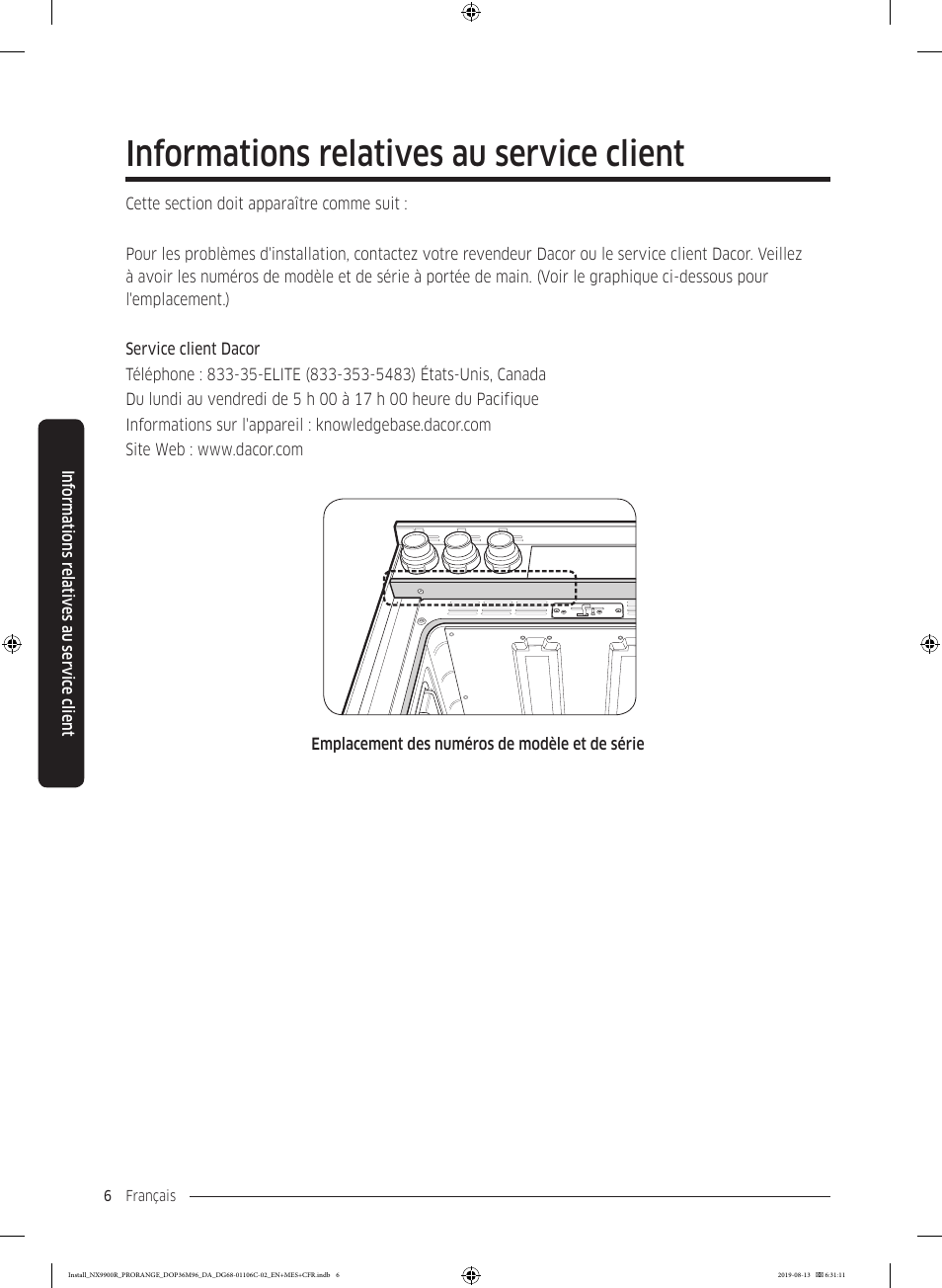 Informations relatives au service client | Dacor Contemporary 36 Inch Freestanding Professional Gas Smart Range Installation Manual User Manual | Page 110 / 156