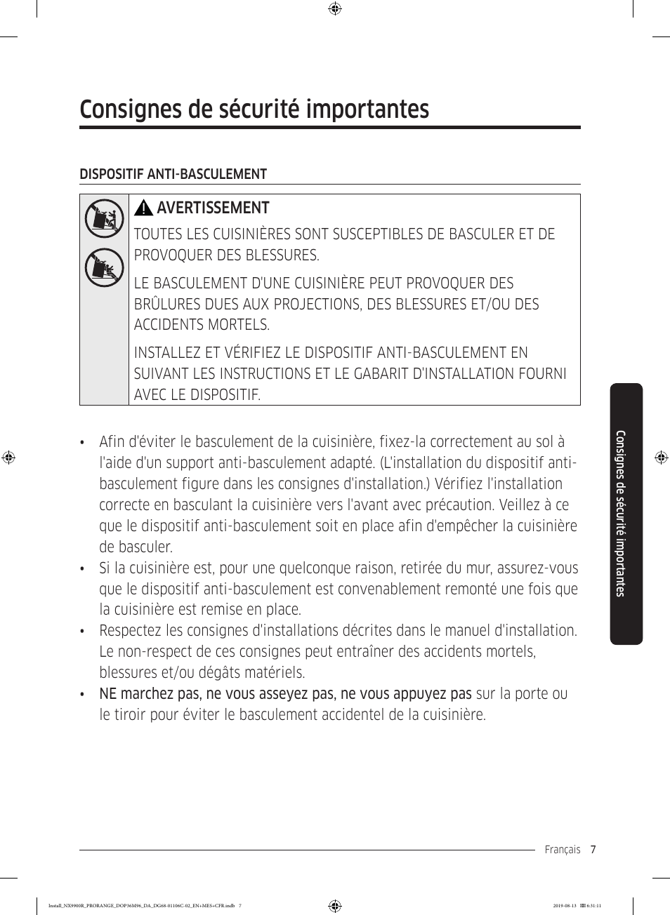 Consignes de sécurité importantes, Avertissement | Dacor Contemporary 36 Inch Freestanding Professional Gas Smart Range Installation Manual User Manual | Page 111 / 156