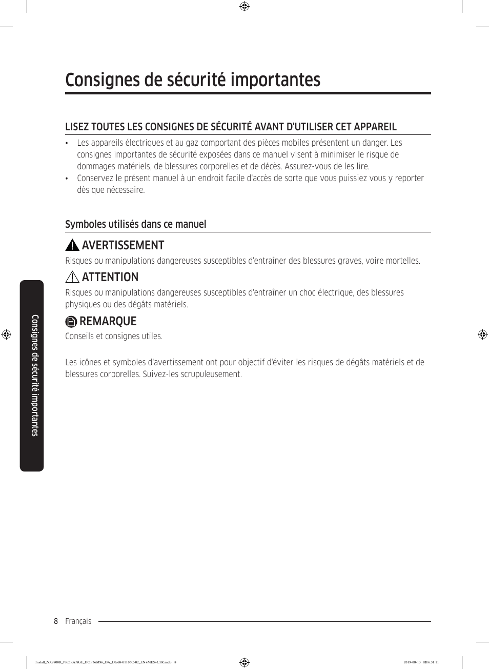 Symboles utilisés dans ce manuel, Consignes de sécurité importantes, Avertissement | Attention, Remarque | Dacor Contemporary 36 Inch Freestanding Professional Gas Smart Range Installation Manual User Manual | Page 112 / 156