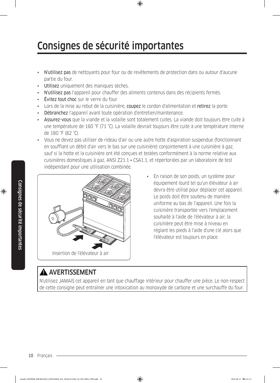 Consignes de sécurité importantes, Avertissement | Dacor Contemporary 36 Inch Freestanding Professional Gas Smart Range Installation Manual User Manual | Page 114 / 156