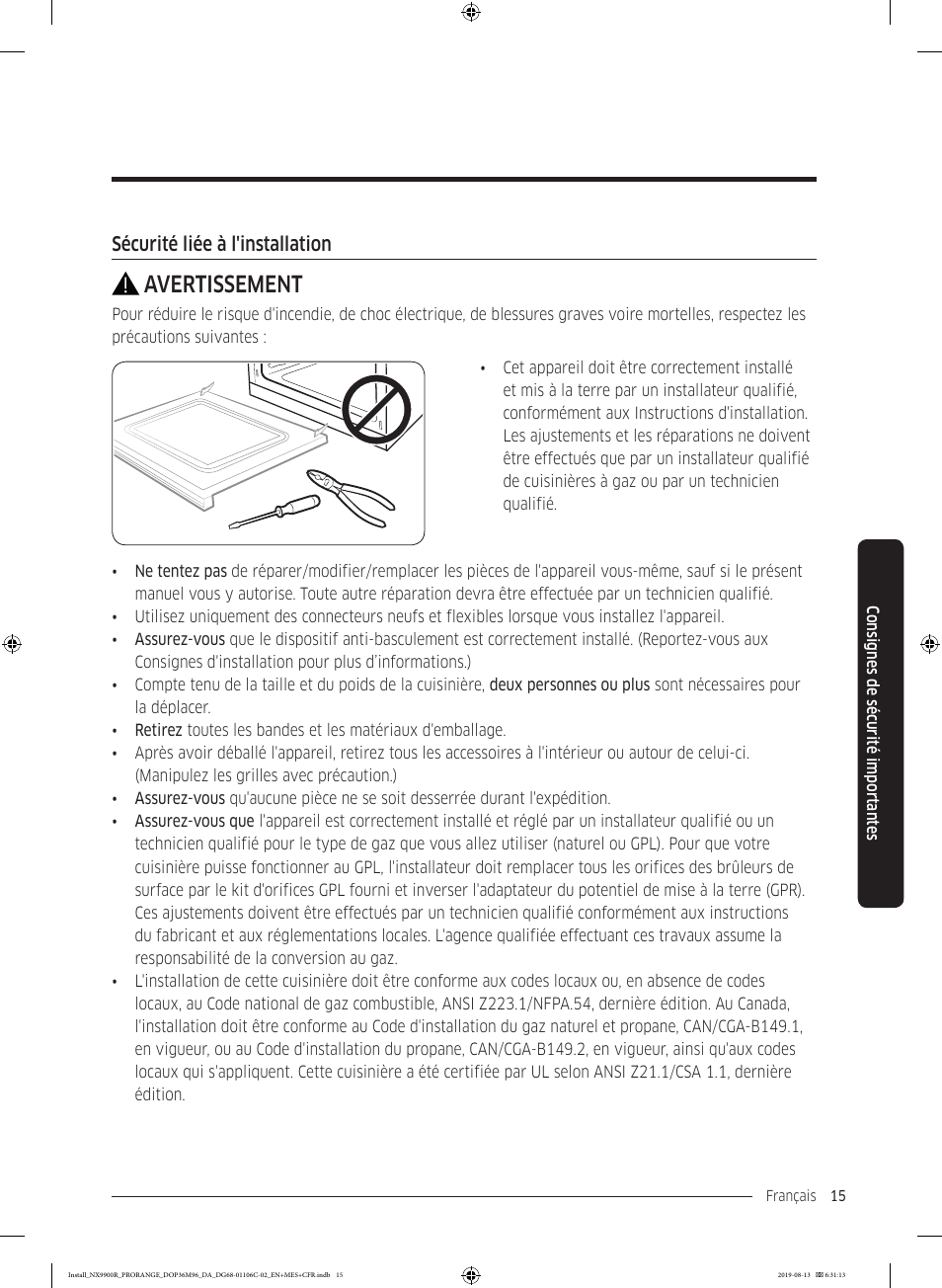 Avertissement | Dacor Contemporary 36 Inch Freestanding Professional Gas Smart Range Installation Manual User Manual | Page 119 / 156