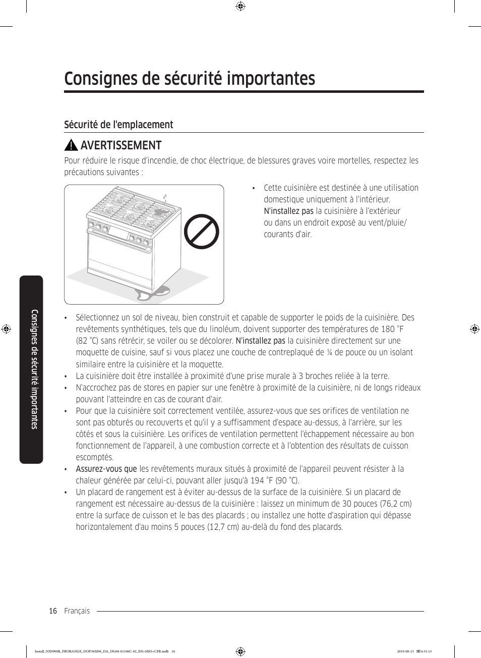 Consignes de sécurité importantes, Avertissement | Dacor Contemporary 36 Inch Freestanding Professional Gas Smart Range Installation Manual User Manual | Page 120 / 156