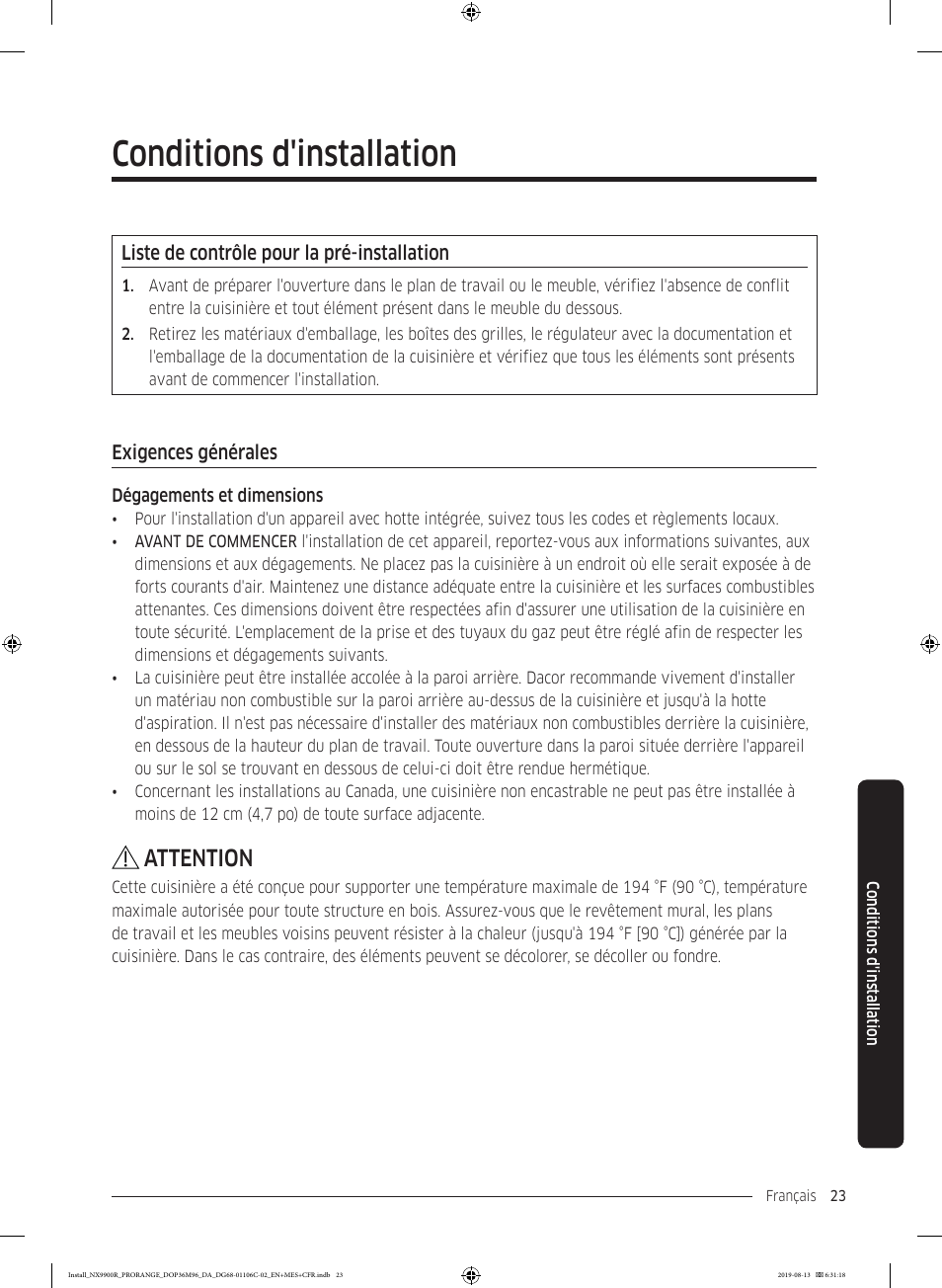 Conditions d'installation, Liste de contrôle pour la pré-installation, Exigences générales | Attention | Dacor Contemporary 36 Inch Freestanding Professional Gas Smart Range Installation Manual User Manual | Page 127 / 156