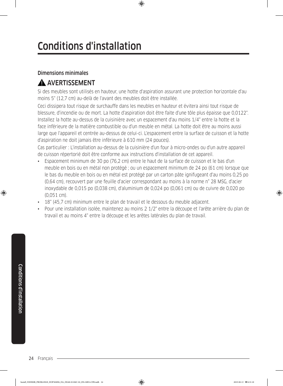 Conditions d'installation, Avertissement | Dacor Contemporary 36 Inch Freestanding Professional Gas Smart Range Installation Manual User Manual | Page 128 / 156