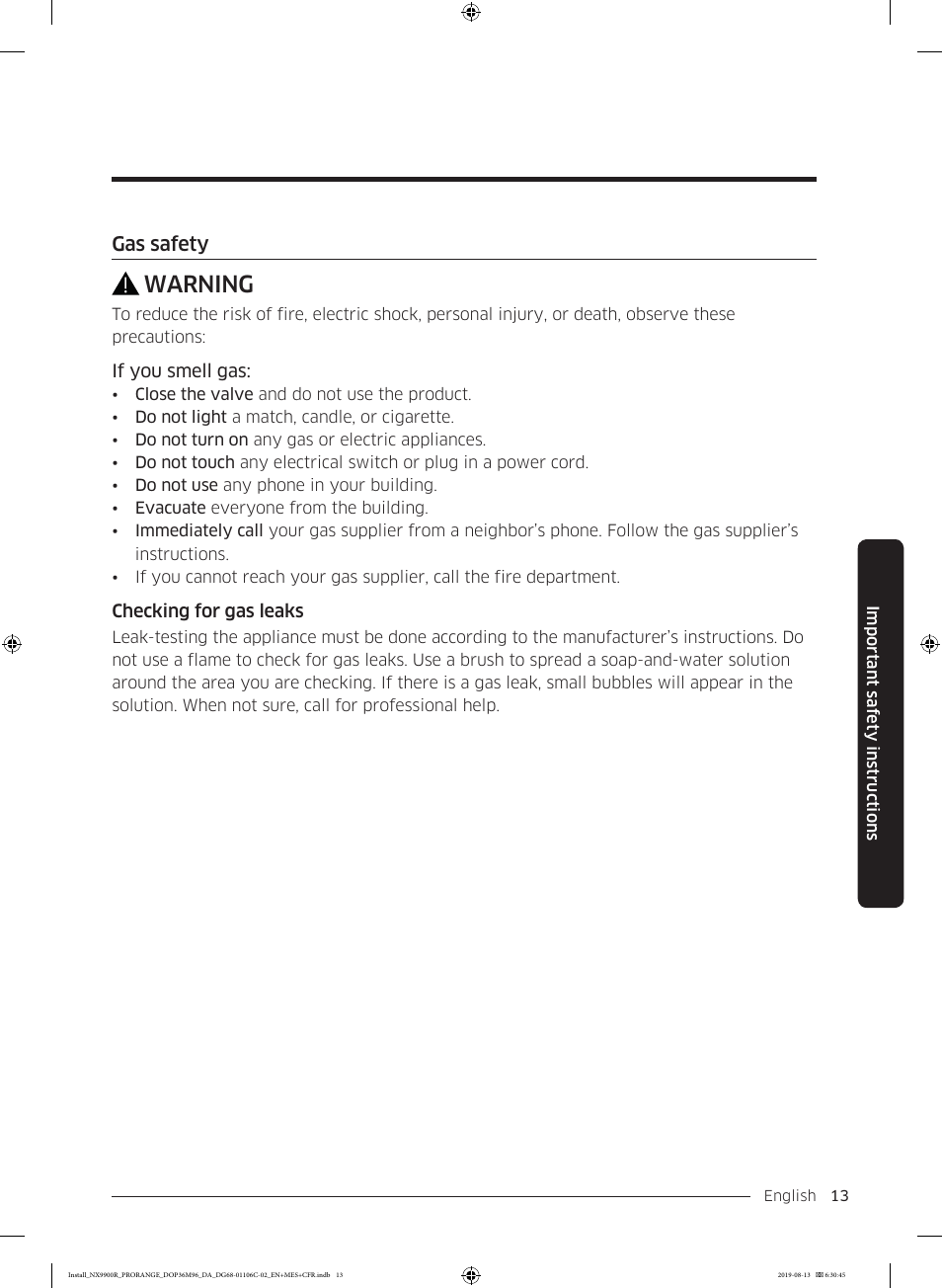 Warning | Dacor Contemporary 36 Inch Freestanding Professional Gas Smart Range Installation Manual User Manual | Page 13 / 156