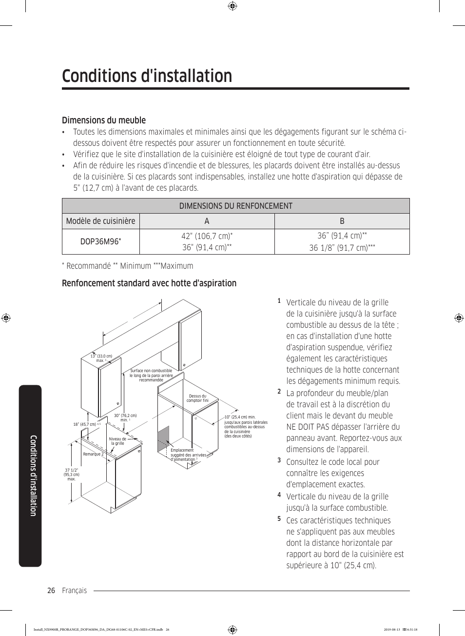 Conditions d'installation, Dimensions du meuble, Renfoncement standard avec hotte d'aspiration | Conditions d'ins tallation | Dacor Contemporary 36 Inch Freestanding Professional Gas Smart Range Installation Manual User Manual | Page 130 / 156