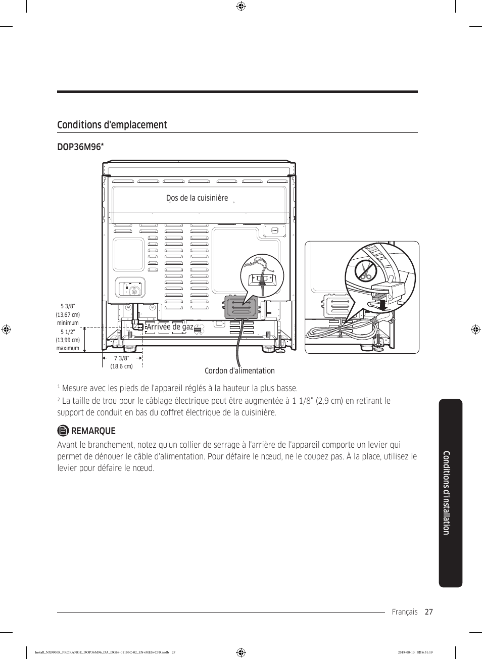 Conditions d'emplacement, Dop36m96, Remarque | Dacor Contemporary 36 Inch Freestanding Professional Gas Smart Range Installation Manual User Manual | Page 131 / 156