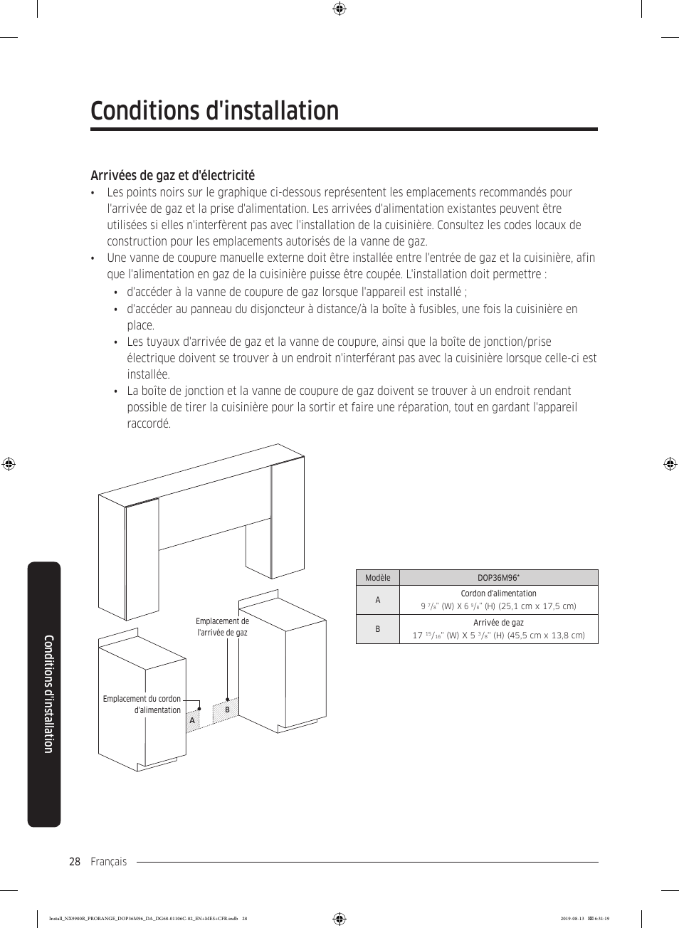 Conditions d'installation, Arrivées de gaz et d'électricité, Conditions d'ins tallation | Dacor Contemporary 36 Inch Freestanding Professional Gas Smart Range Installation Manual User Manual | Page 132 / 156