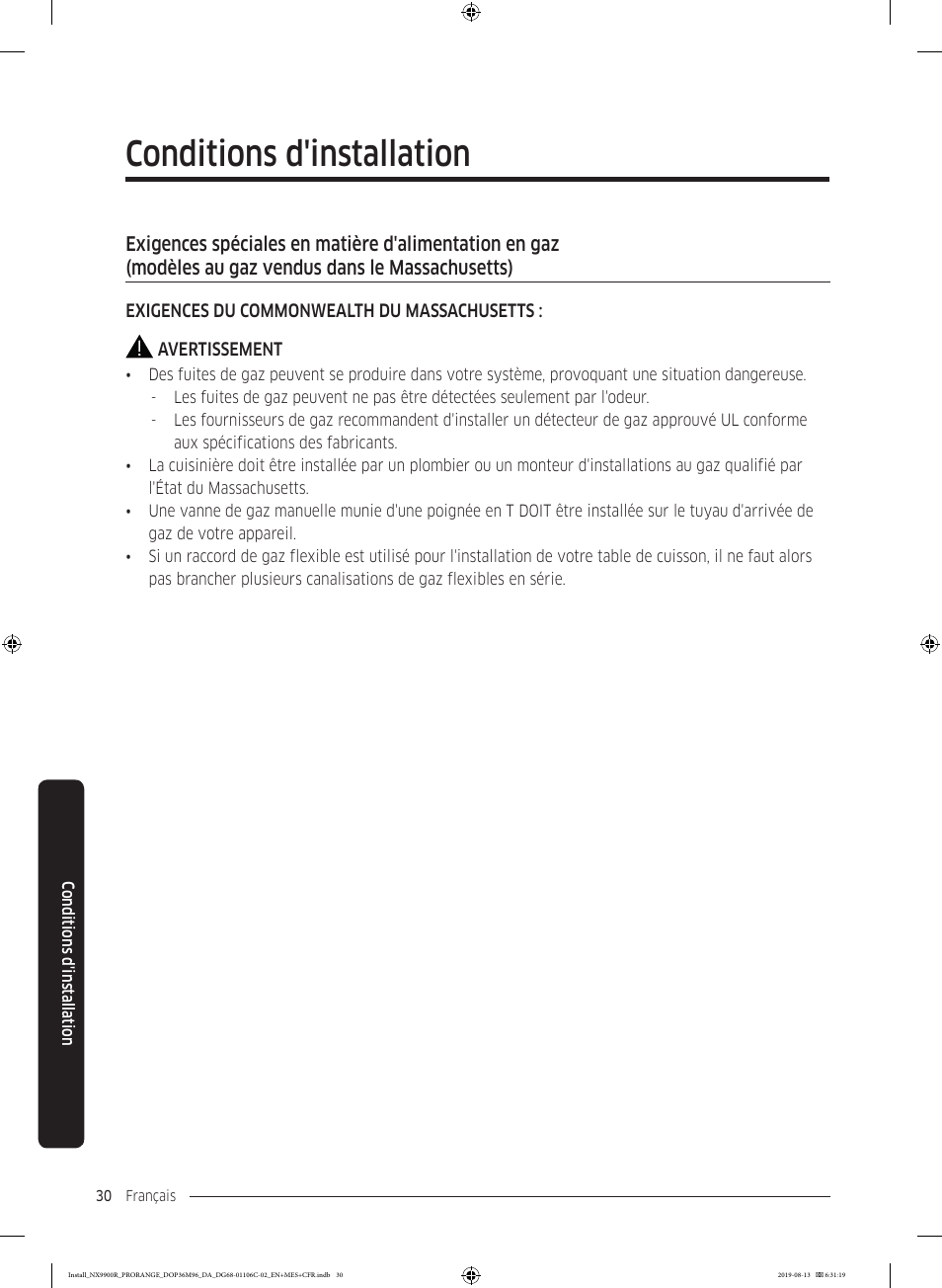 Conditions d'installation | Dacor Contemporary 36 Inch Freestanding Professional Gas Smart Range Installation Manual User Manual | Page 134 / 156