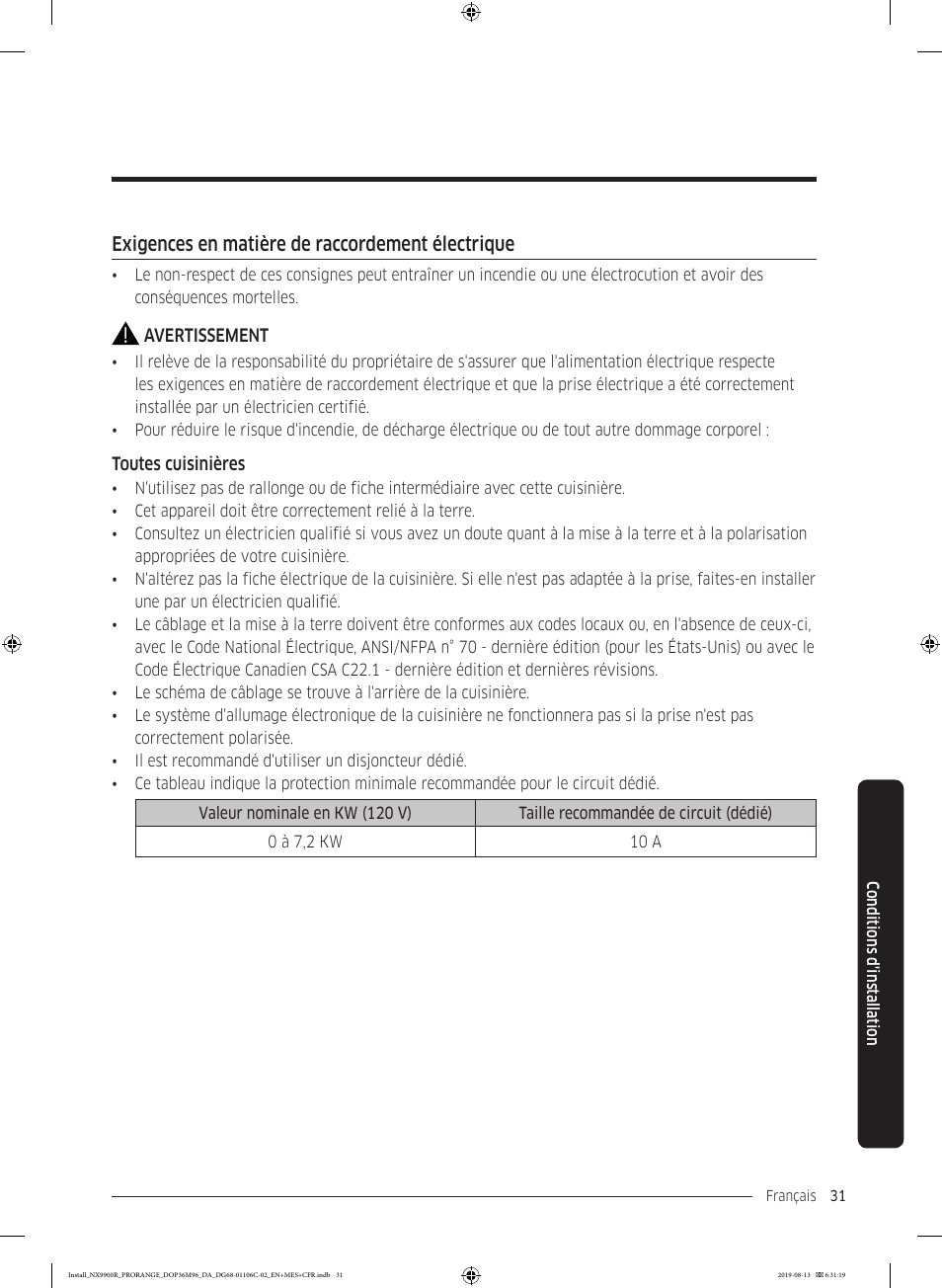 Exigences en matière de raccordement électrique | Dacor Contemporary 36 Inch Freestanding Professional Gas Smart Range Installation Manual User Manual | Page 135 / 156
