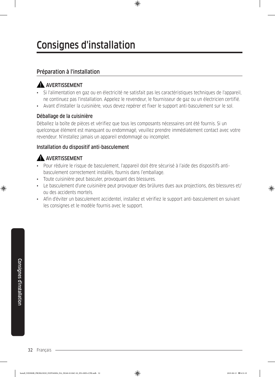 Consignes d'installation, Préparation à l'installation | Dacor Contemporary 36 Inch Freestanding Professional Gas Smart Range Installation Manual User Manual | Page 136 / 156