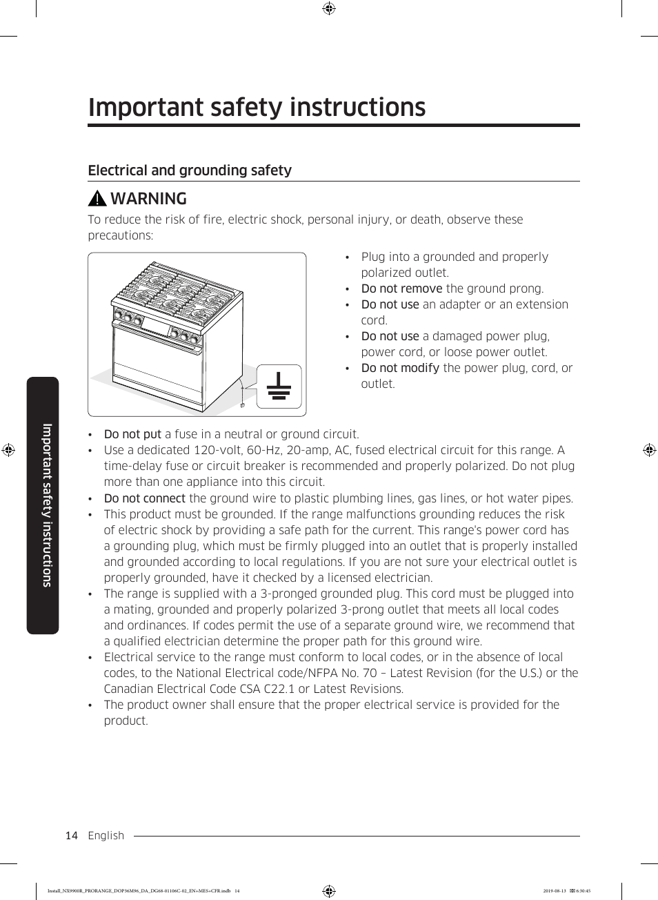 Important safety instructions, Warning | Dacor Contemporary 36 Inch Freestanding Professional Gas Smart Range Installation Manual User Manual | Page 14 / 156