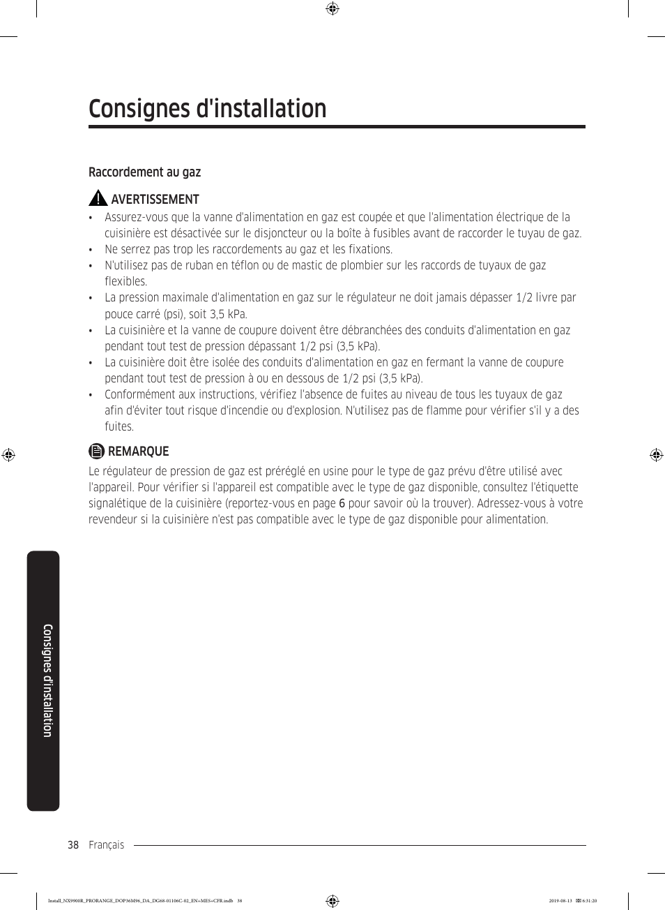 Consignes d'installation | Dacor Contemporary 36 Inch Freestanding Professional Gas Smart Range Installation Manual User Manual | Page 142 / 156