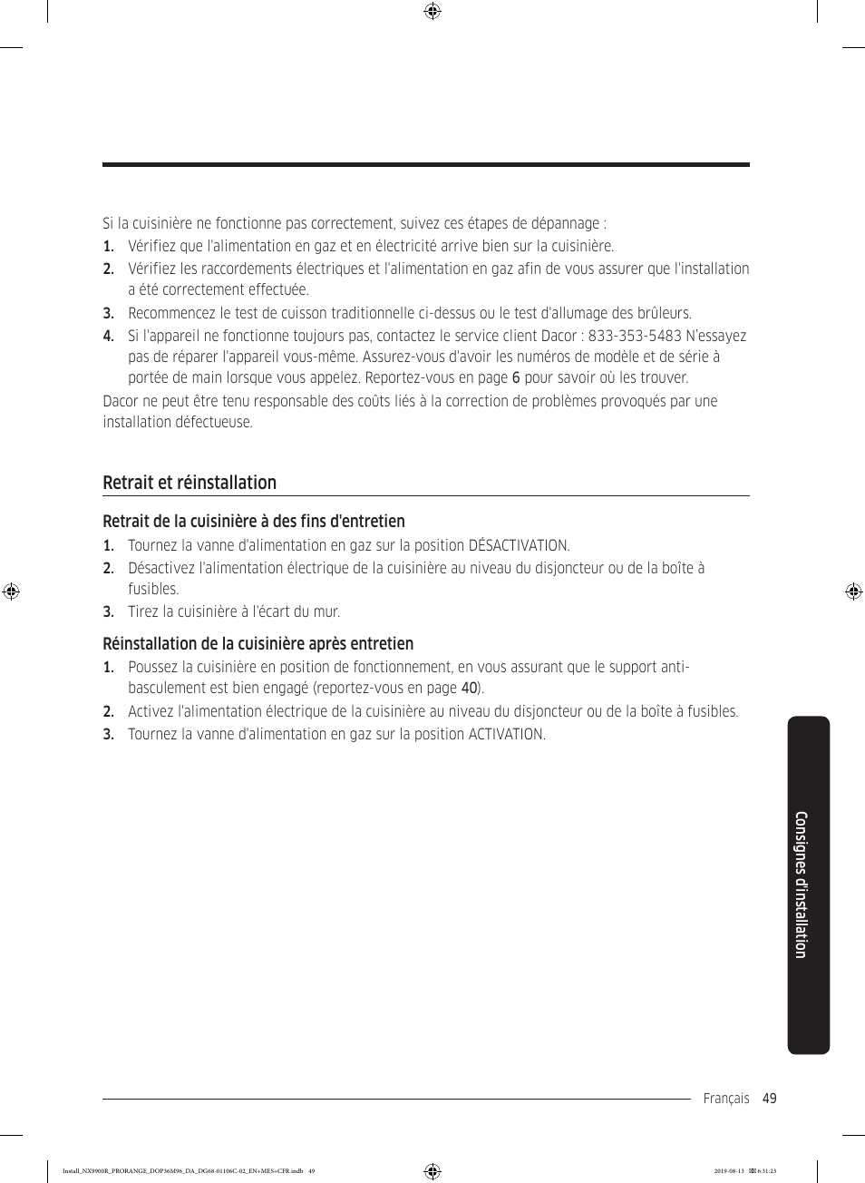 Retrait et réinstallation | Dacor Contemporary 36 Inch Freestanding Professional Gas Smart Range Installation Manual User Manual | Page 153 / 156