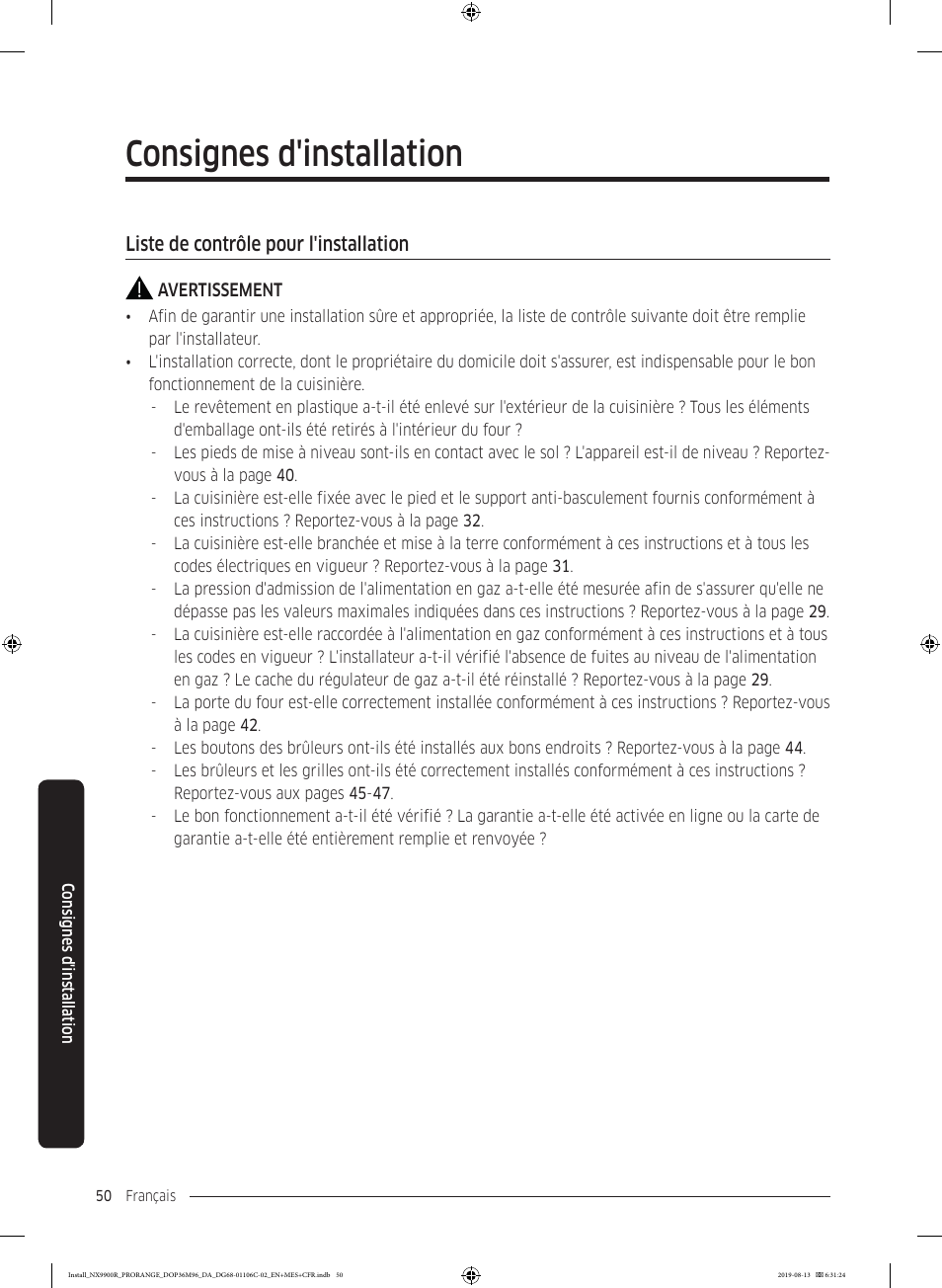 Liste de contrôle pour l'installation, Consignes d'installation | Dacor Contemporary 36 Inch Freestanding Professional Gas Smart Range Installation Manual User Manual | Page 154 / 156