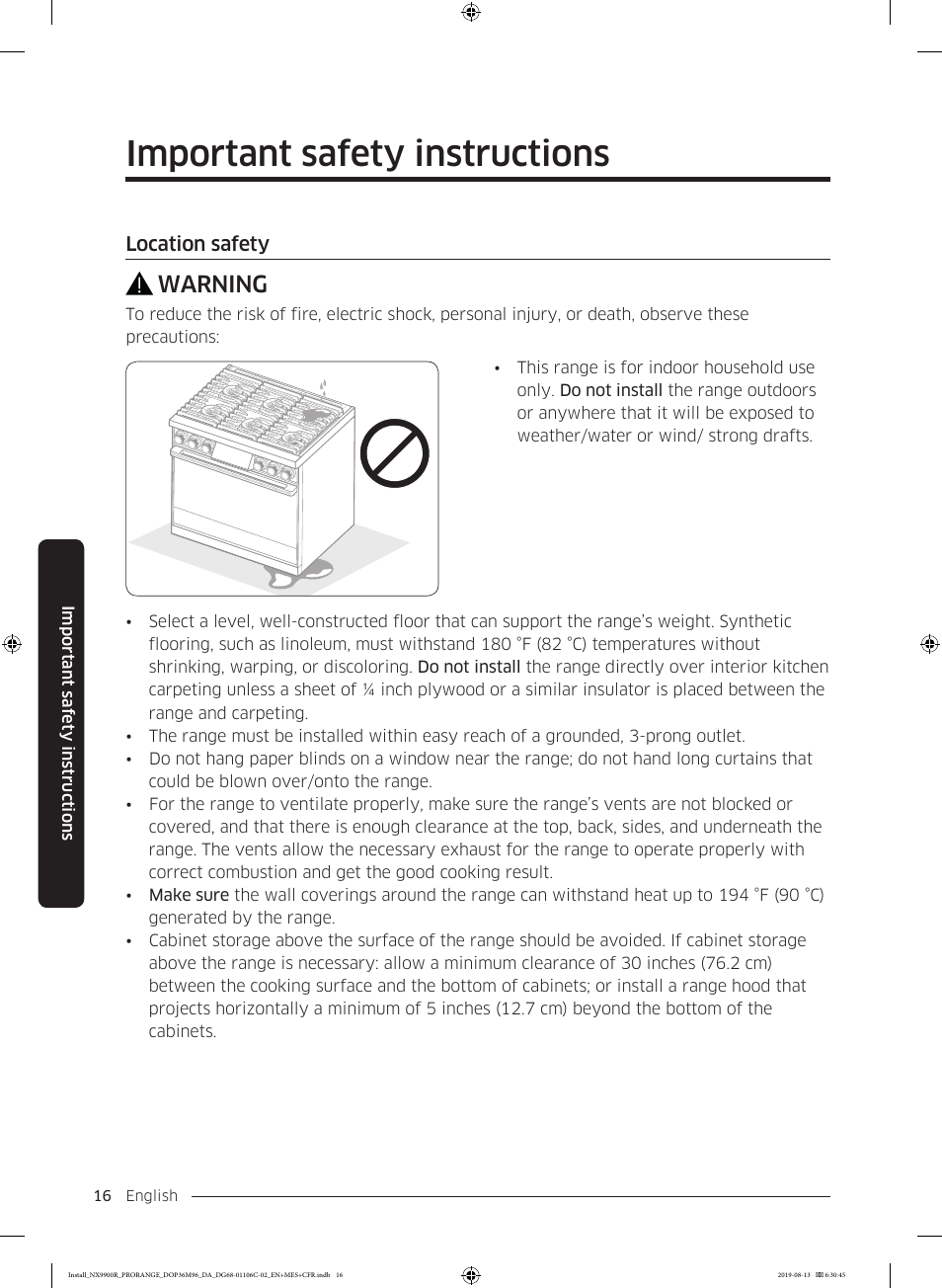 Important safety instructions, Warning | Dacor Contemporary 36 Inch Freestanding Professional Gas Smart Range Installation Manual User Manual | Page 16 / 156