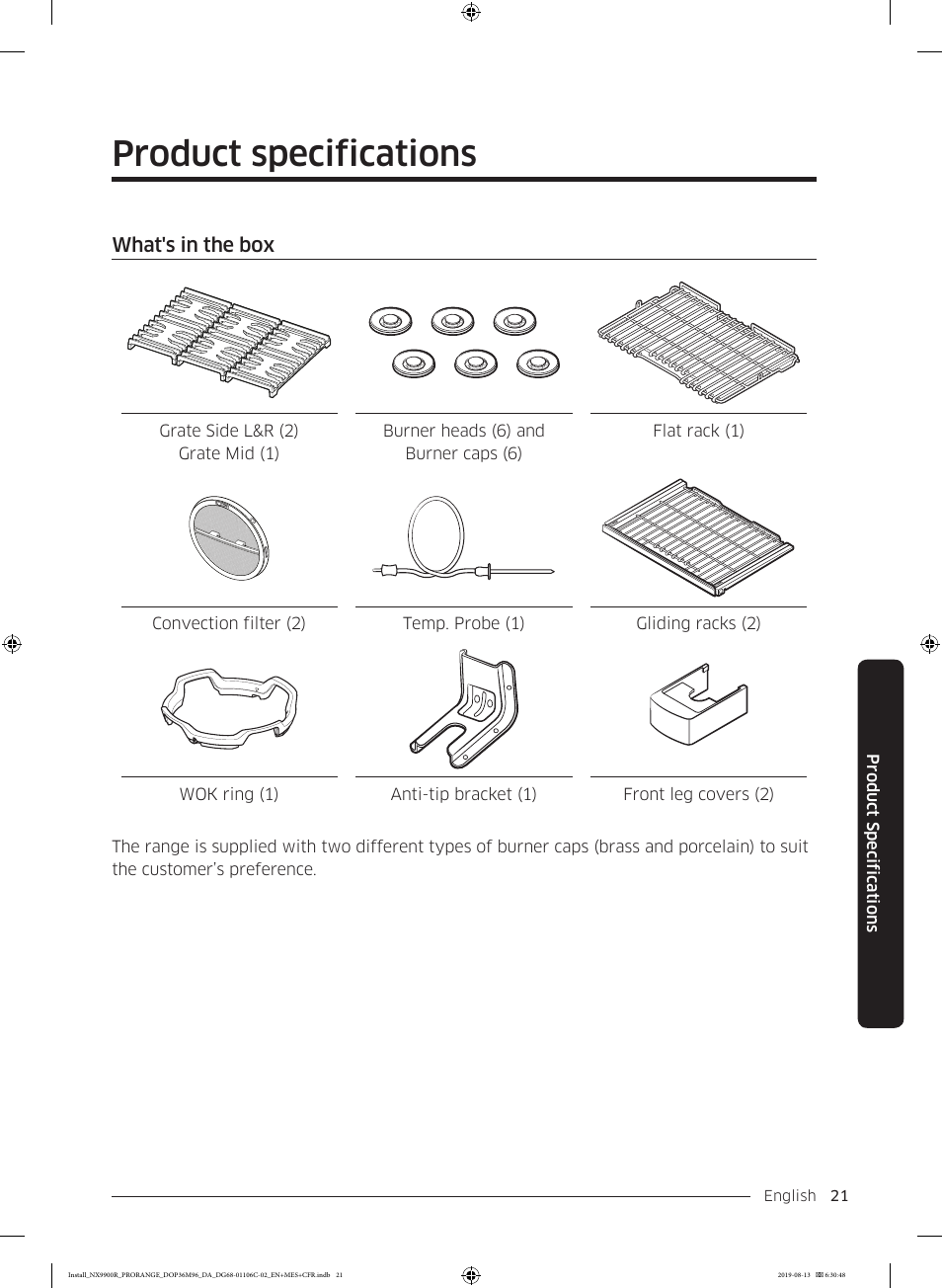 Product specifications, What's in the box | Dacor Contemporary 36 Inch Freestanding Professional Gas Smart Range Installation Manual User Manual | Page 21 / 156