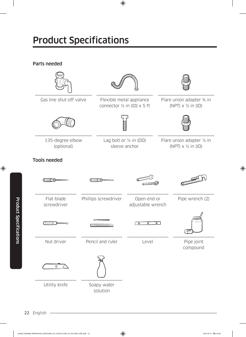 Product specifications | Dacor Contemporary 36 Inch Freestanding Professional Gas Smart Range Installation Manual User Manual | Page 22 / 156